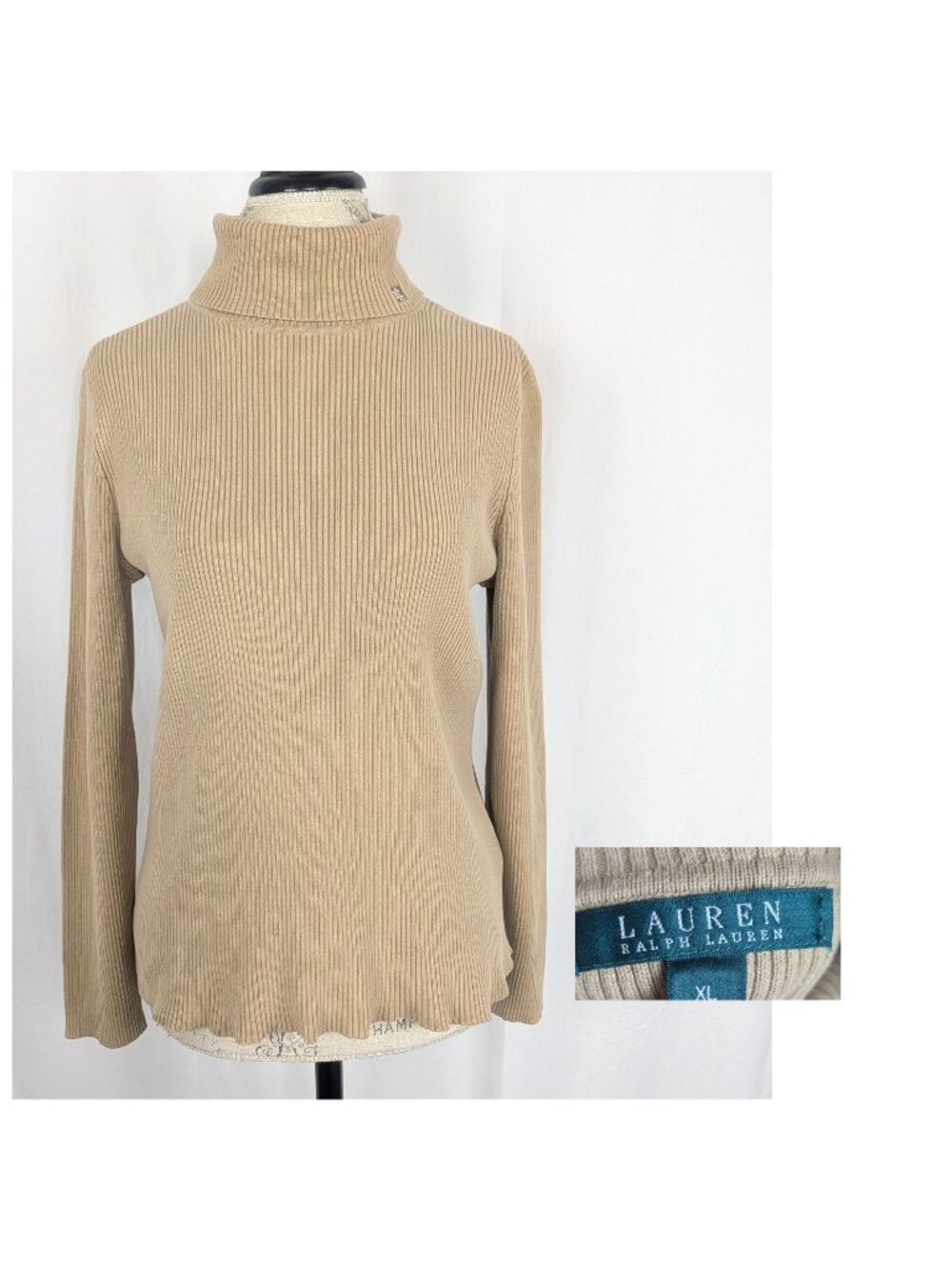 Vintage 90s Ralph Lauren Beige Turtleneck Medium Ribbed Logo